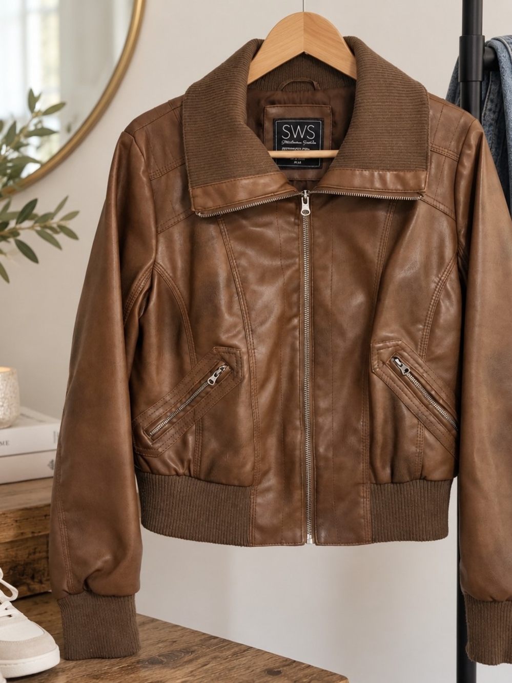 Brown Faux Leather Bomber Jacket